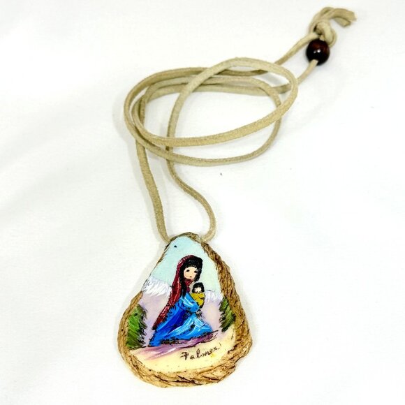 Southwestern Necklace/Pendant Mother and Baby - Hand Painted on Wood - Signed - Picture 5 of 8